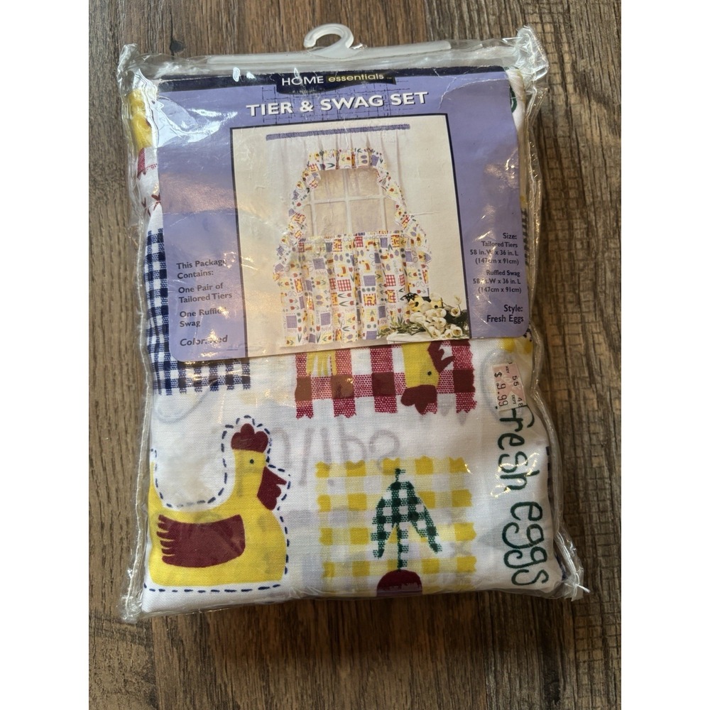 Home Essentials Tier‎ & Swag Set Fresh Eggs Tulips Chicken Curtains Vintage